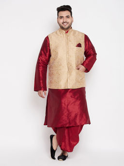 Vastramay - Men's Maroon And Gold Silk Blend Jacket Kurta Dhoti