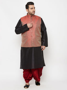 Vastramay - Men's Maroon And Black Silk Blend Jacket Kurta Dhoti