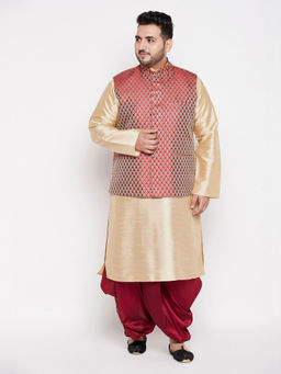 Vastramay - Men's Maroon And Gold Silk Blend Jacket Kurta Dhoti