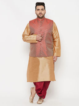 Vastramay - Men's Maroon And Rose Gold Silk Blend Jacket Kurta Dhoti