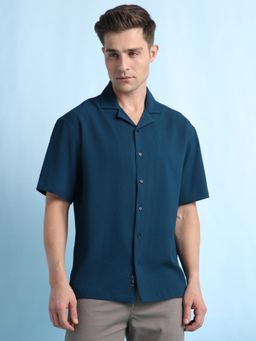 Dennis Lingo - Men Relaxed Fit Cuban Collar Cotton Poly Half Sleeve Shirt-Navy Blue
