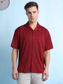 Dennis Lingo - Men Relaxed Fit Cuban Collar Polyester Half Sleeve Shirt-Maroon