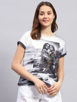 Monte Carlo - Womens Black Printed Round Neck Half Sleeve Regular Fit Top