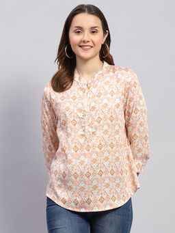 Monte Carlo - Womens Peach Printed Mandarin Neck 3/4th Sleeve Regular Fit Top