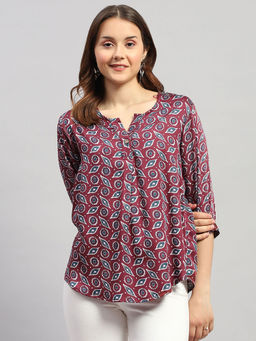 Monte Carlo - Womens Maroon Printed 3/4th Sleeve Regular Fit Top