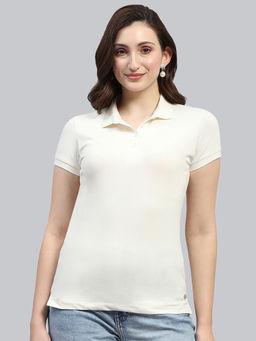 Monte Carlo - Womens Off White Solid Polo Neck Half Sleeve Regular Fit T-Shirt