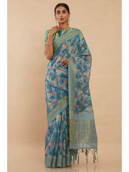 Soch - Blue Chanderi Printed Saree with Unstitched