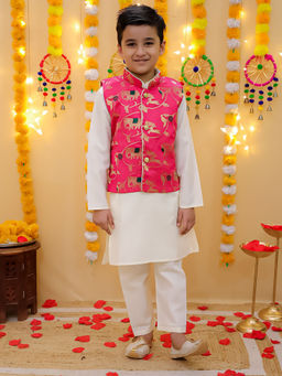 BownBee - Pink Solid Kurta with Nehru Jacket and Pant (Set of 3)