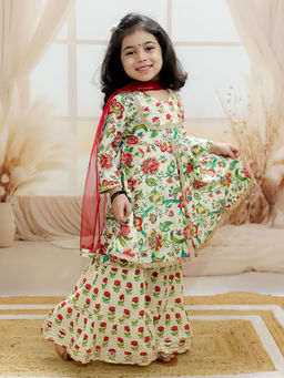 BownBee - Off White Floral Kurti with Sharara and Dupatta (Set of 3)