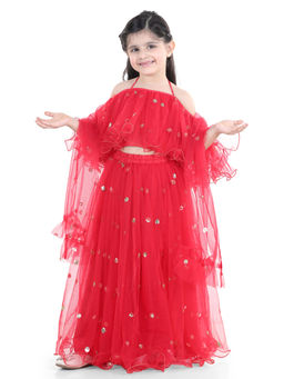 BownBee - Red Embellished Lehenga with Choli and Dupatta (Set of 3)