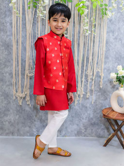 BownBee - Red Woven Kurta with Nehru Jacket and Pant (Set of 3)