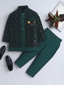 Ahhaaaa - Green Solid Kurta with Jacket and Pant (Set of 3)