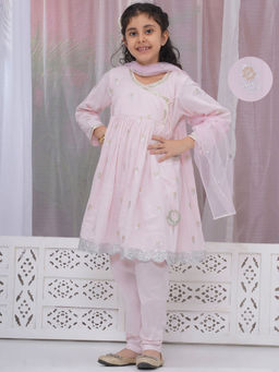 Little Bansi - Pink Floral Anarkali Kurta with Pyjama and Dupatta (Set of 3)