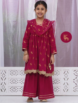 Little Bansi - Magenta Woven Kurta with Sharara and Dupatta (Set of 3)