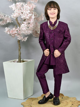 Ahhaaaa - Wine Embroidered Kurta with Jacket and Pant (Set of 3)