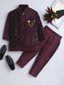 Ahhaaaa - Wine Solid Kurta with Jacket and Pant (Set of 3)