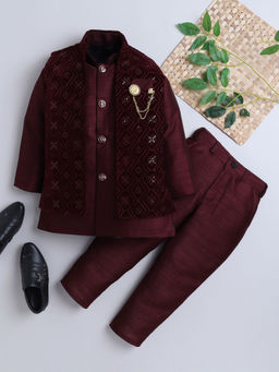 Ahhaaaa - Wine Solid Kurta with Nehru Jacket and Pant (Set of 3)
