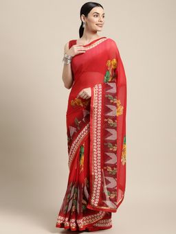 Sangam Prints - Red Georgette Lace Work Daily Wear Saree with Unstitched Blouse