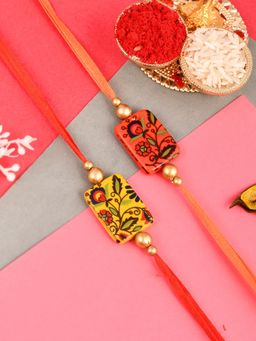Shoshaa - Yellow-Orange Designer Bhai Rakhi with Roli & Chawal (Set of 5)