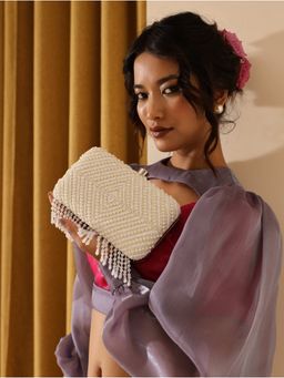 THE TAN CLAN - Pearly White Tasselled Embroidered Clutch