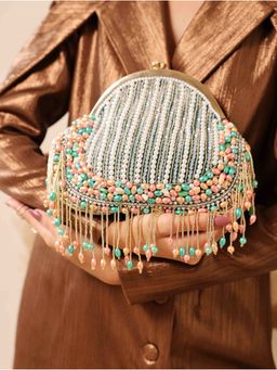 THE TAN CLAN - Teal Sona Pearl Tasselled Clutch
