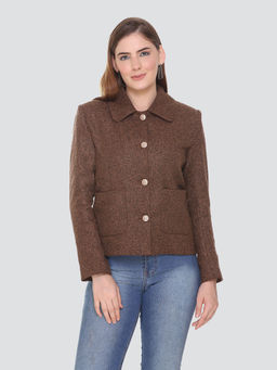 HONNETE - Casual Regular Fit Acrylic Polyester Short Brown Coat