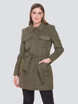 HONNETE - Casual Regular Fit Acrylic Polyester Olive Coat with Belt (Set of 2)