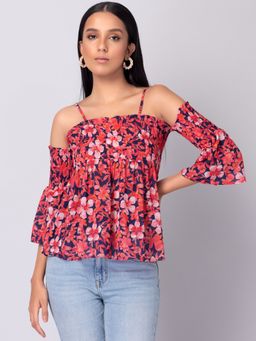 FabAlley - Red Floral Print Smocked Cold Shoulder Top