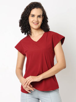 Not So Pink - Solid Maroon Cap Sleeve V Neck Top