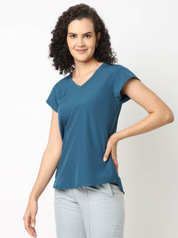 Not So Pink - Solid Teal Cap Sleeve V Neck Top