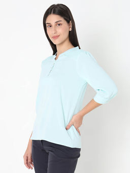 Not So Pink - Solid Aqua Mandarin Neck Top With Smocking Detailing
