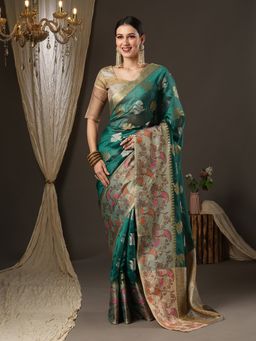 Akhilam - Womens Organza Teal Green Woven Design Designer Saree with Unstitched Blouse