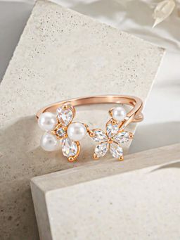 White Velvet - White Graceful 925 Silver Rose Gold Floral Pearl Adjustable Ring