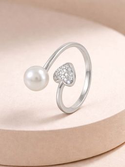 White Velvet - White Elegant 925 Silver Heart And Pearl Adjustable Open Ring