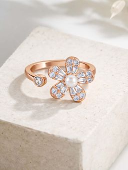 White Velvet - White Luminous 925 Silver Rose Gold Petal And Pearl Adjustable Ring