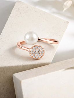 White Velvet - White Modern 925 Silver Rose Gold Pearl And Pave Adjustable Ring