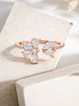 White Velvet - White Radiant 925 Silver Rose Gold Petal And Pearl Adjustable Ring