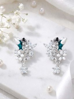 White Velvet - White Sparkling Cascade 925 Silver Triple-Strand Adjustable Dangle Earrings