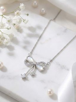 White Velvet - White Starlit Bow Silver Necklace - 925 Silver