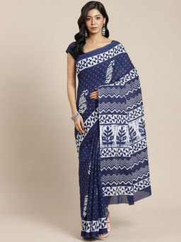 Yufta - Blue & White Ethnic Motifs Pure Cotton Block Print Saree with Unstitched Blouse