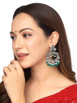 Yellow Chimes - Silver Oxidised Stone Studded Beads Drop Peacock Designed Drop Earrings