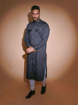 Echke - Charcoal Jacket with 2 Front Pocket and Shoulder Flap Co-Ord with Narrow Pant (Set of 2)