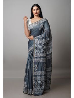 Unnati Silks - Slate Grey Pure Block Printed Chanderi Sico Saree with Unstitched Blouse