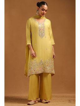 Soch - Yellow Roman Silk Botanical Cutdana Details Kurta With Palazzo & Dupatta