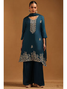 Soch - Teal Blue Roman Silk Floral Bead Details Kurta With Palazzo & Dupatta