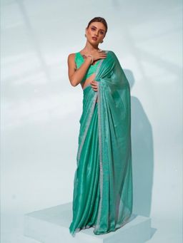 Odette - Green Chiffon Lace Work Saree with Unstitched Blouse for Women