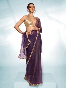 Odette - Purple Tissue Lace Work Saree with Unstitched Blouse for Women