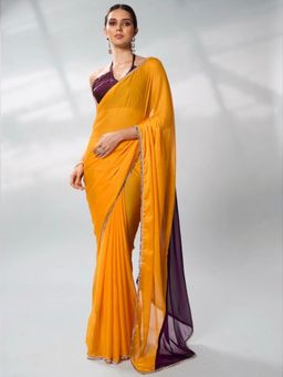 Odette - Mustard and Purple Georgette Lace Work Saree with Unstitched Blouse for Women