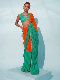 Odette - Orange and Green Georgette Lace Work Saree with Unstitched Blouse for Women