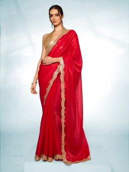 Odette - Red Jimmy Choo Lace Work Saree with Unstitched Blouse for Women